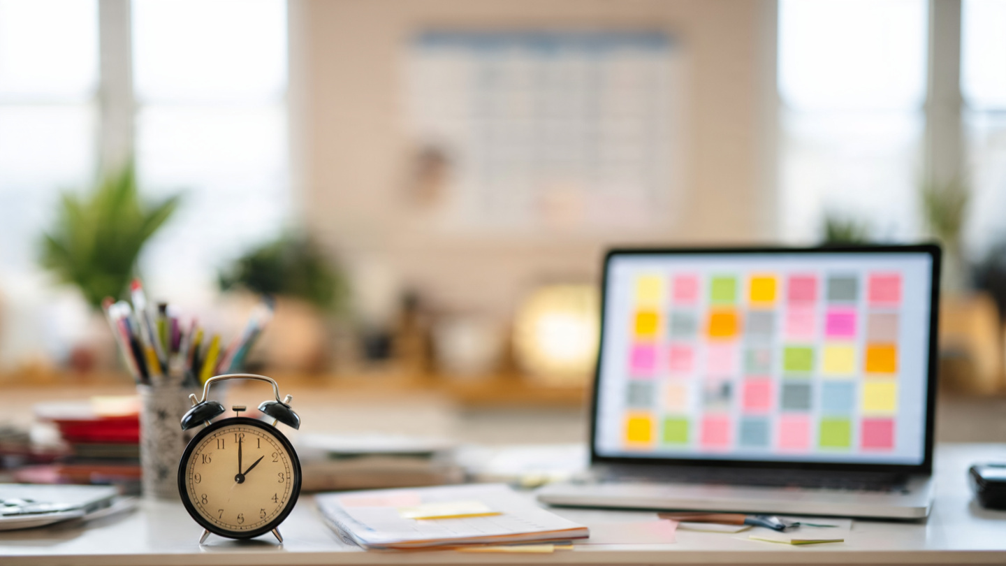 A clock and calendar beside a laptop showing scheduled Pinterest pins
