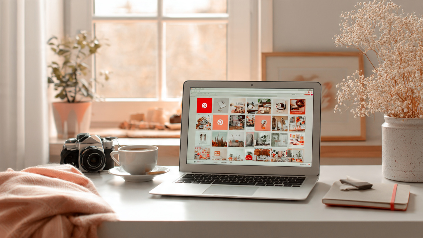 A blogger workspace with a laptop, camera and coffee creating Pinterest pins