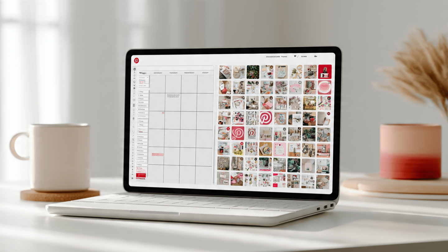 A laptop showing a scheduling calendar alongside a grid of Pinterest pins