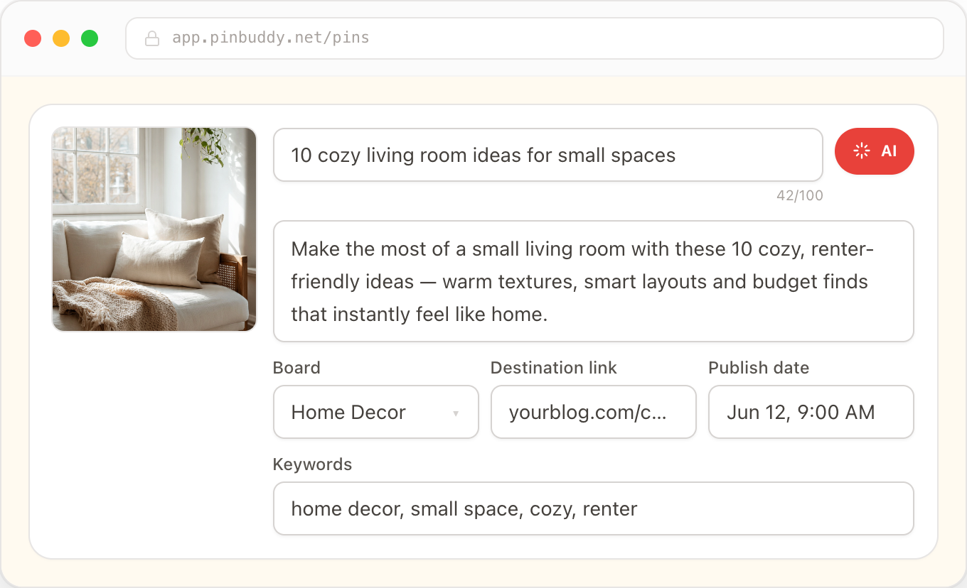 PinBuddy pin editor generating an AI title and description for a pin