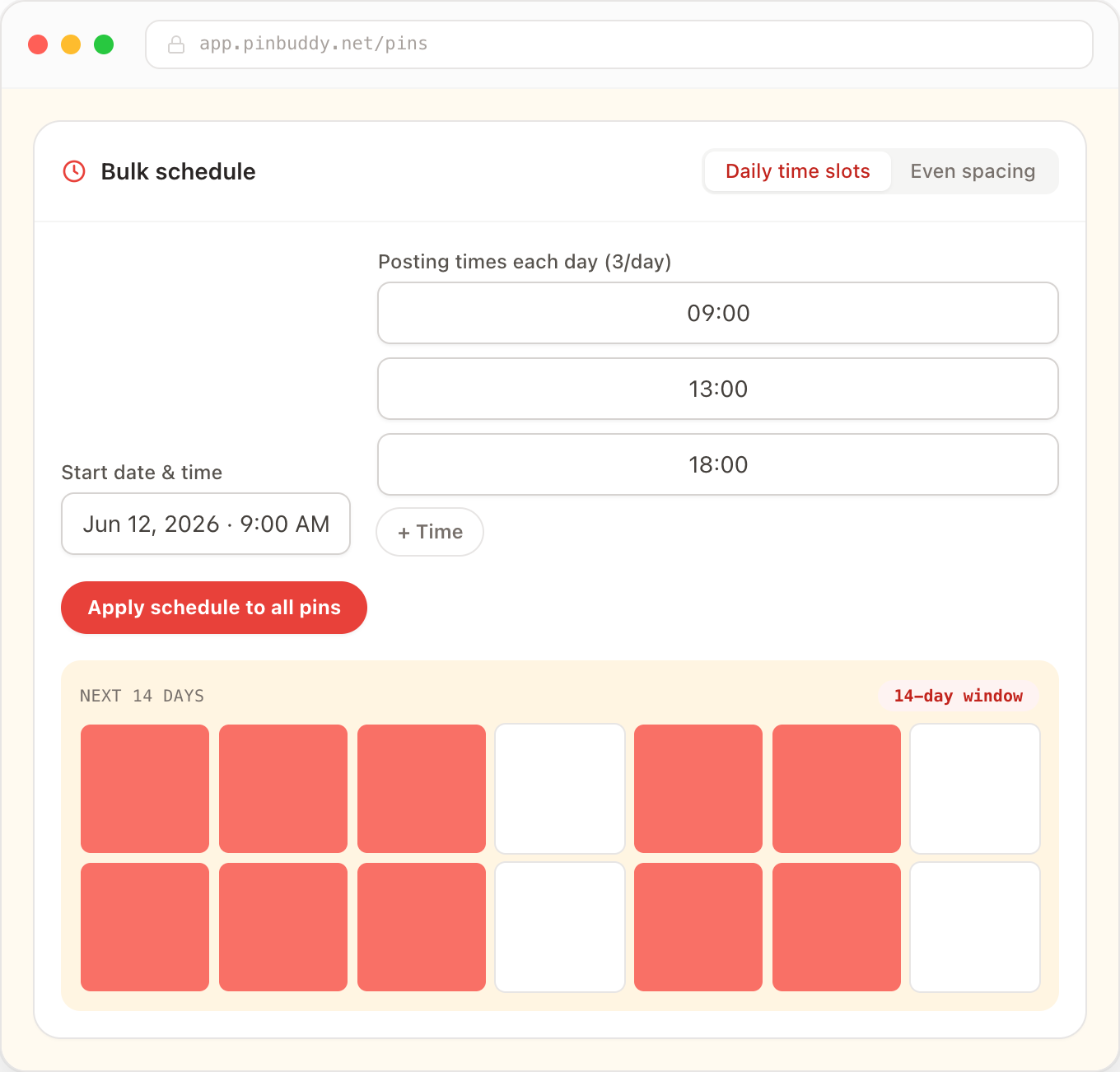 PinBuddy bulk schedule with daily time slots across Pinterest's 14-day window