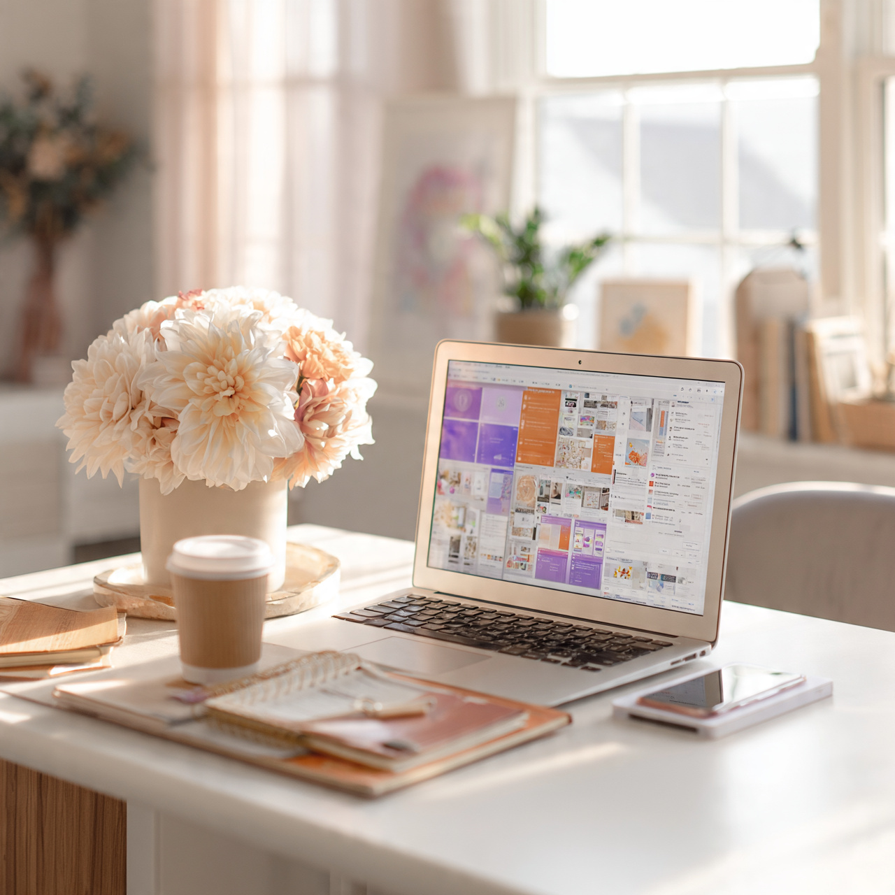 A social media manager organizing Pinterest content on a laptop